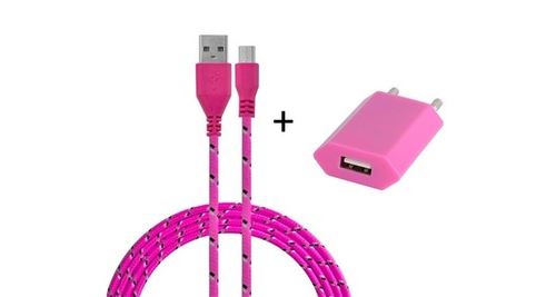 Pack Chargeur pour SONY Xperia Z5 Compact Smartphone Micro-USB (Cable Tresse 3m Chargeur + Prise Secteur USB) Murale Android Uni (ROSE BONBON)