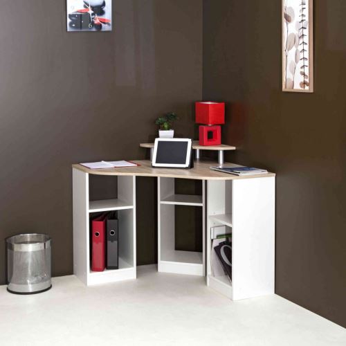 Bureau d'angle en bois coloris naturel et blanc avec niche de rangement - BU6013