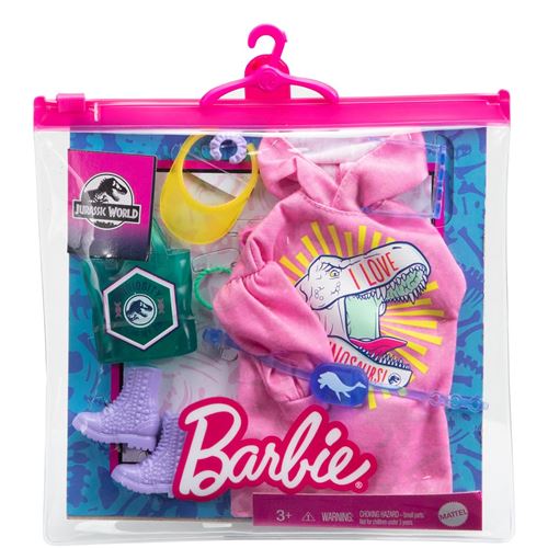 Barbie Fashion Pack thème Jurassic World - GRD62 - Ensemble vêtements Robe Sweat, Sac, Chaussures + Accessoires