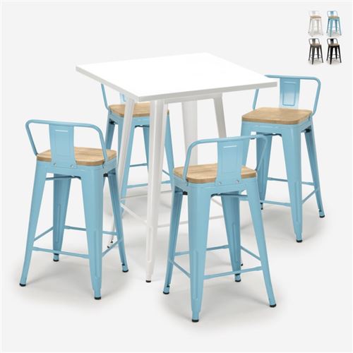 Ensemble 4 Tabourets Tolix Table Blanche 60x60cm Industriel Bucket Steel White, Couleur: Turquoise