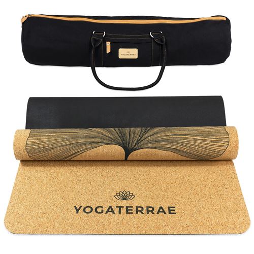 Tapis Yoga Antidérapant Liège-Caoutchouc naturel GINKGOS BILOBA 183x66x0,5cm Sangle +