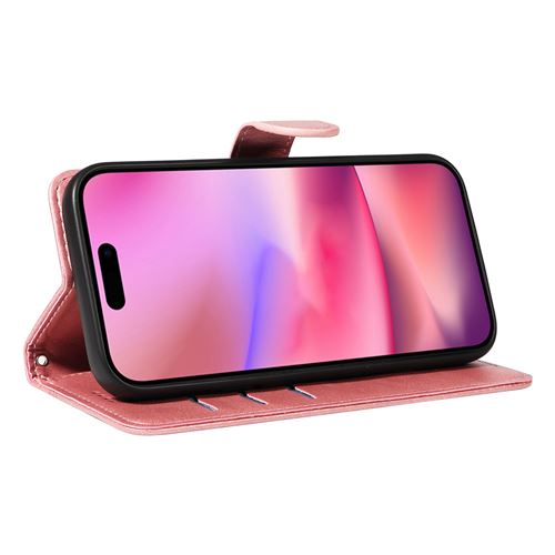 Coque Portefeuille Pour IPhone 16e - Housse En Cuir PU, Rabat Magnétique, 3 Fentes Cartes, Support Intégré, Rose
