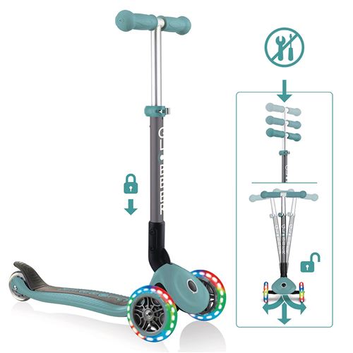 Trottinette Primo - 120/80 mm, ABEC 5, 3 roues, r&eacute;glable, roues LED