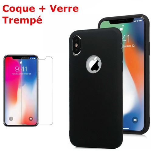 Coque Souple Silicone Pour iPhone X (10) / Xs (10s) Noir + Verre Trempé Anti chocs et Rayures Vitre de Protection