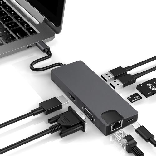 Hub C USB lecteur de carte SD / TF VGA 1080P prise audio 3,5 mm pour Macbook Pro et plus 4 ports USB 3.0 / 2.0 Ethernet RJ45 Gigabit port PD adaptateur de concentrateur de type C avec 4K HDMI 