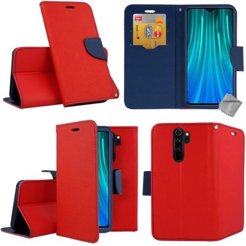 Housse portefeuille avec coque intérieure en silicone pour Xiaomi Redmi Note 8 Pro - verre trempe inclus - ROUGE / BLEU
