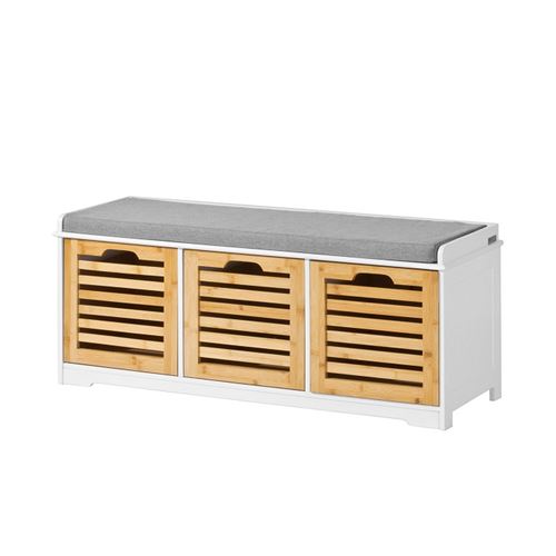 SoBuy FSR23-WN Cómoda moderna para zapatos con 3 cestas, banco, zapatero con cojín para asiento, reposapiés, tela de madera
