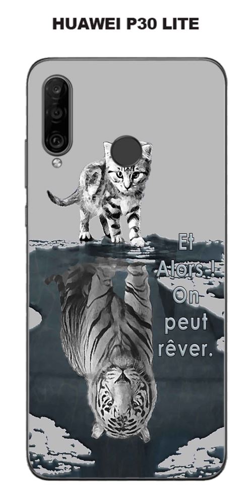 Coque Huawei P30 Lite design Chat Tigre Blanc fond gris Et Alors !