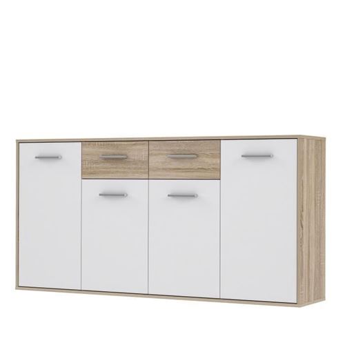 PILVI Buffet bas 4 portes 4 tiroirs - Blanc et chene sonoma - L 162,3 x P 34,2 x H 88,1 cm