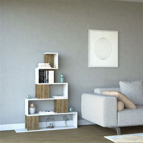 HOMEMANIA Pyramid Boekhandel- Plank, Meubilair - met planken - van Woonkamer, Kantoor - Wit, walnoot in hout, PVC, 120 x 22 x 130,8 cm