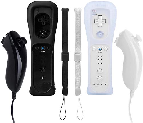Lot de 2 manettes Wii et manettes Nunchuck avec étui en silicone pour console Nintendo Wii et Wii U (non Motion Plus) Noir et blanc