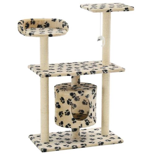 Meilleurs prix pour Arbre à chat griffoir grattoir niche jouet animaux peluché en sisal 95 cm beige motif de pattes