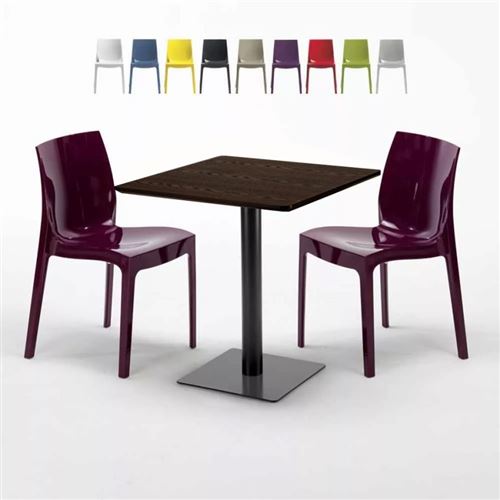 Table carrée 60x60 pied noir et plateau bois avec 2 chaises colorées Ice Kiss, Couleur: Pourpre