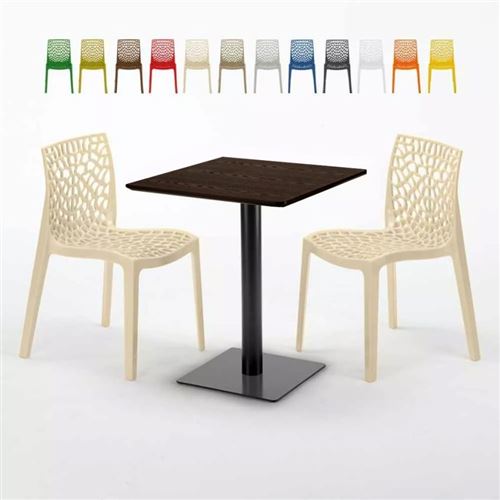 Table carrée 60x60 pied noir et surface bois avec 2 chaises colorées Gruvyer Kiss, Couleur: Beige