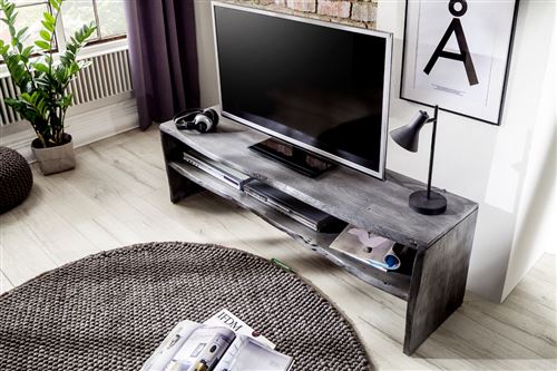 Meuble TV avec etagere en bois massif coloris gris - L145 x H45 x P40 cm -PEGANE-
