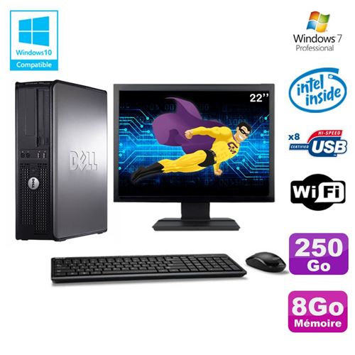 PC Dell Optiplex 780 Dt Intel E8400 3Ghz 8Go 250Go WiFi Win 7 Ecran 22'