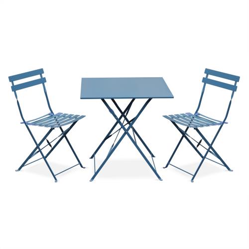 Sweeek Salon de jardin bistrot pliable - Emilia carré bleu grisé - Table 70x70cm avec deux chaises pliantes acier thermolaqué