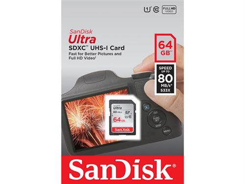 Carte mémoire SDXC SanDisk Ultra 64 Go jusqu'à 120 Mo/s classe 10 UHS-I