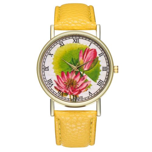 Montre de dame de bracelet en cuir égyptien de fleur de nénuphar égyptien montre de quartz T270-Ajaune