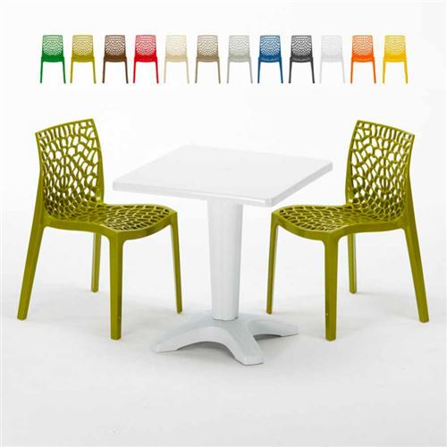 Table Carrée Blanche 70x70cm Avec 2 Chaises Colorées Grand Soleil Set Bar Café Gruvyer Patio, Couleur: Anis vert