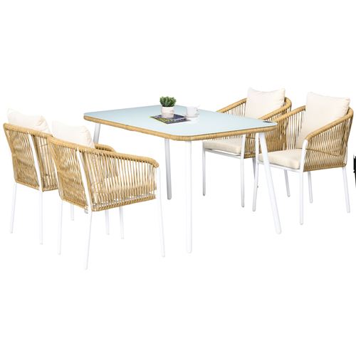 Salon de jardin 4 places 5 pièces table à manger chaises empilables coussins alu résine blanc beige