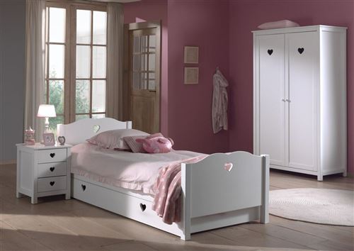 AMORI Lit simple 90x200cm blanc + Chevet + Armoire 2 portes + Lit gigogne