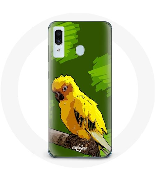 Coque pour Samsung Galaxy A20 Oiseaux de Perruches jaune Fond Vert Maniacase