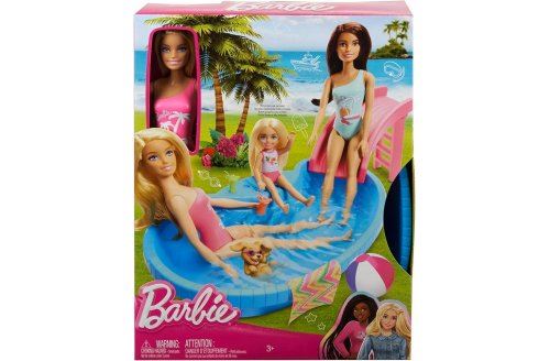 Coffret barbie - piscine de reve avec toboggan rose + poupee glamour blonde - accessoire - set jouet fille + carte animaux