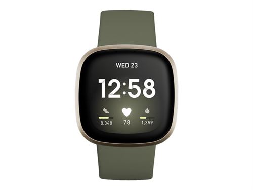 Fitbit Versa 3 - Aluminium En Or Doux - Montre Intelligente Avec Bande - Silicone - Olive - Taille Du Bracelet : S/L - Wi-Fi, Nfc, Bluetooth