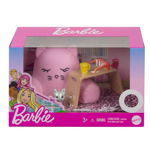 Barbie pack accessoires - Thème de la détente - Couverture douce, coussin de chaise, chaton, lunette, gobelet et table basse