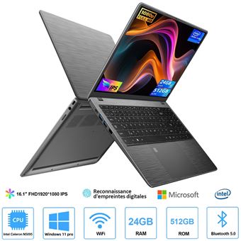 Ordinateur Portable 15,6" FHD Celeron N5095 24 Go RAM 512 Go SSD - WiFi, HDMI, Empreinte Digitale, Rétroéclairage, Windows 11
