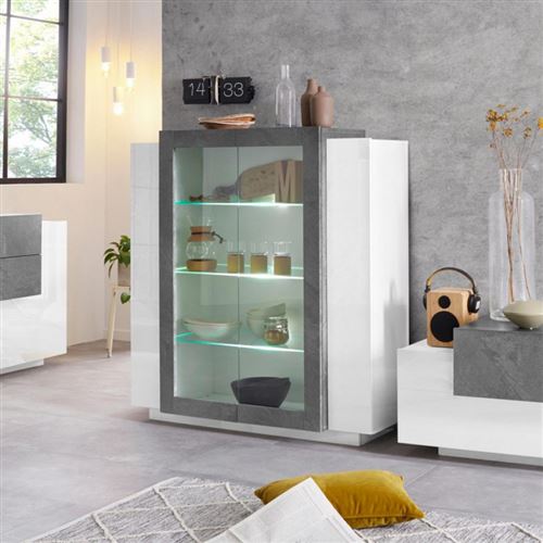 Vitrine Blanc Brillant Ardoise Design Moderne 115cm Salon New Coro Hem