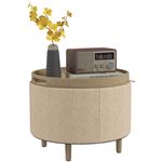 Pouf repose-pied tabouret avec coffre de rangement - plateau réversible - pieds bois tissu aspect lin beige