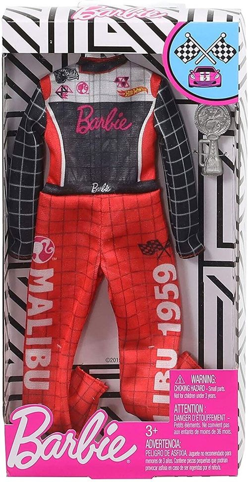 Barbie - habit poupee mannequin - combinaison pilote de course rouge et noire hot wheels + coupe - vetement - tenue - accessoire