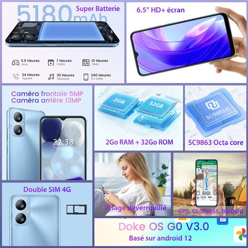 Smartphone Blackview A52Pro Téléphone Portable Pas Cher(8Go+128Go/TF-1To,  6.52 HD+,13MP+5MP, 5180mAh) Android 13 4G Dual SIM Face ID - Bleu