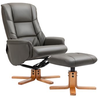Fauteuil relax inclinable avec repose-pied assorti - fonction à bascule - bois revêtement synthétique gris - 1