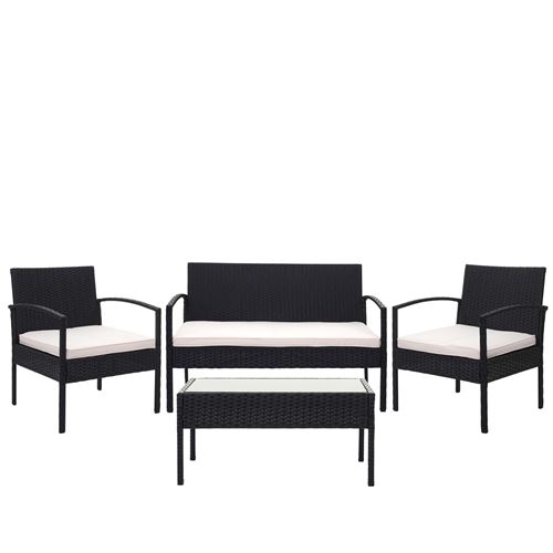 Garniture en polyrotin HWC-F56 MENDLER, garniture de jardin, ensemble fauteuils ~ noir, coussin crème
