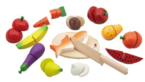 Viga Toys planche à découper en bois pour le petit-déjeuner avec aliments jouets 13 pièces