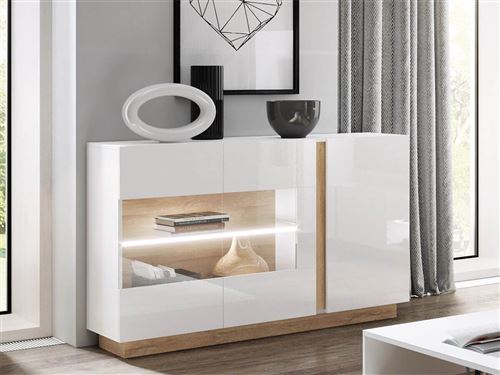 BOBOCHIC Buffet 139 cm portes vitrées ARCOMA Blanc brillant et Chêne