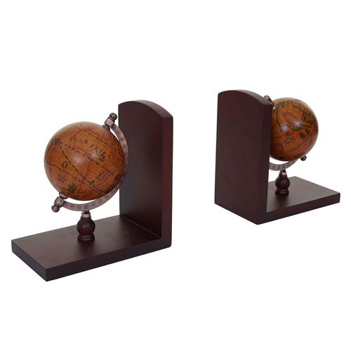 2x serre-livres MENDLER HWC-A77, globe terrestre, marron