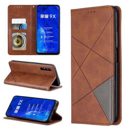 Etui en PU motif géométrique avec porte-carte café pour votre Huawei Honor 9X/9X Pro