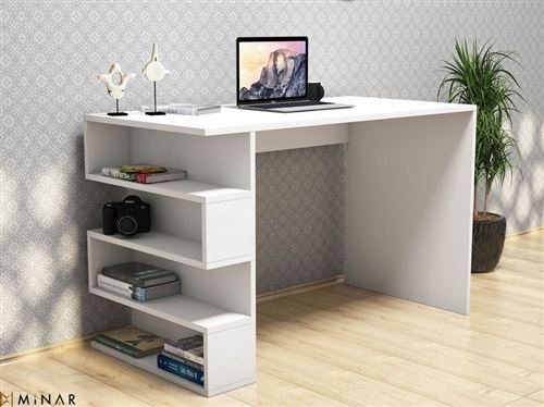 HOMEMANIA Bureau Limber avec Étagères - pour Bureau, Chambre - Blanc en Bois, 120 x 60 x 75 cm