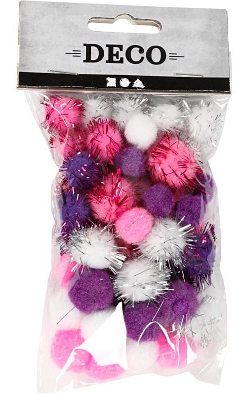 Deco pompons 15/20 mm en peluche blanc/violet/rose 48 pièces