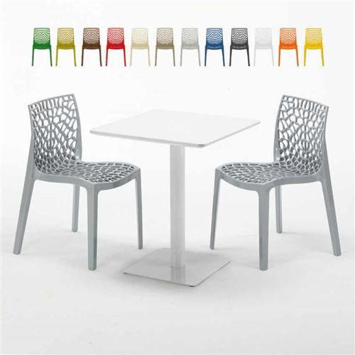 Table carrée 60x60 blanche avec 2 chaises colorées Gruvyer Lemon, Couleur: Gris