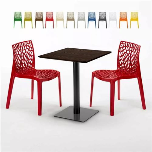 Table carrée 60x60 pied noir et surface bois avec 2 chaises colorées Gruvyer Kiss, Couleur: Rouge