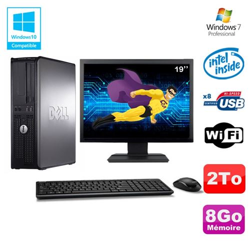 PC Dell Optiplex 780 Dt Intel E8400 3Ghz 8Go 2To WiFi Win 7 Ecran 19'