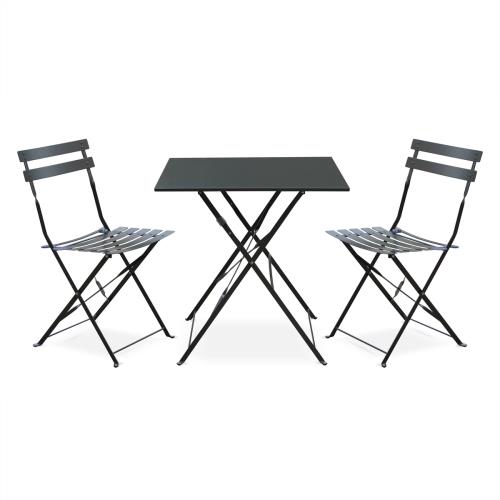 Sweeek Salon de jardin bistrot pliable - Emilia carré gris anthracite - Table 70x70cm avec deux chaises pliantes acier thermolaqué