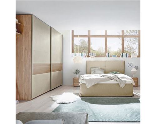 Chambre taupe et couleur bois miel ADRIANO lit 160 cm - L 185 x P 220 x H 125 cm