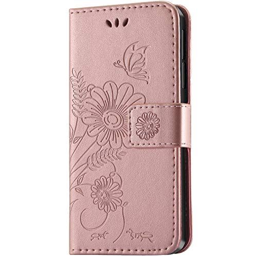 kazineer Coque Honor 6X, Housse en Cuir Motif de Fleurs Portefeuille Etui pour Huawei Honor 6X Coque Case - Or Rose