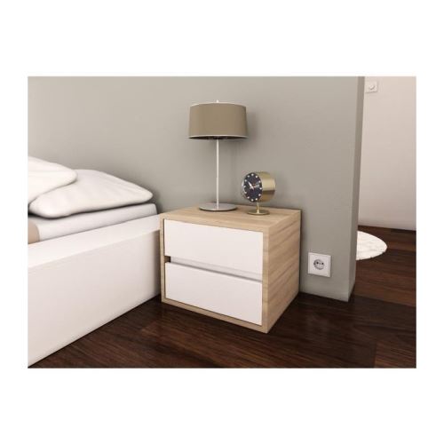 POP Chevet contemporain mélaminé blanc mat et décor chene sonoma - L 40 cm